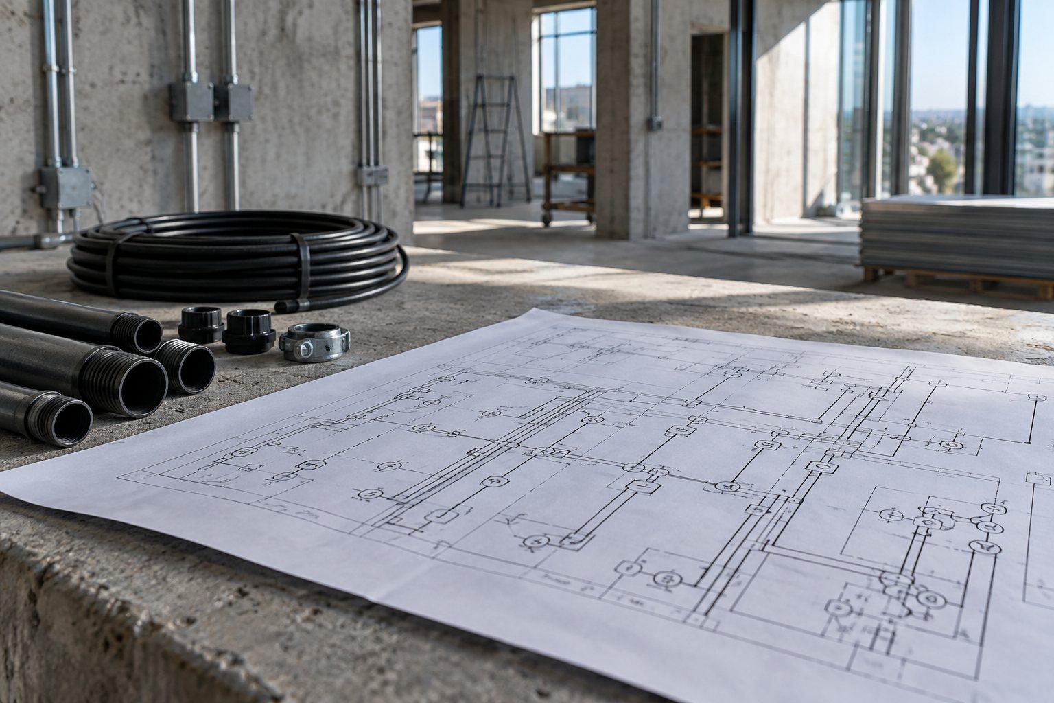 Schaltplan auf Beton mit Kabeln und Leitungen im Rohbau.